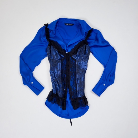 Vintage lace up corset black trim navy ruffle satin bustier top appliqué straps - Picture 5 of 9